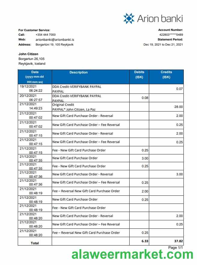 Iceland Arion Bank statement easy to fill template in .xls and .pdf file format